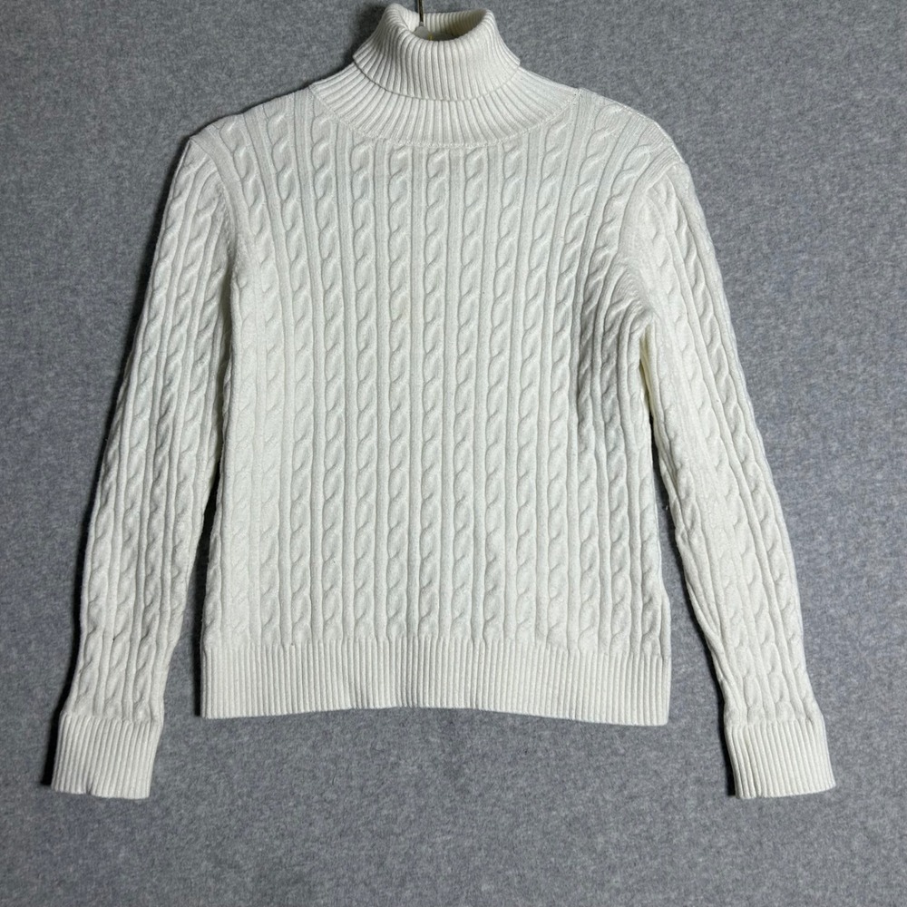 90s Cable Knit Turtleneck Womens M White Long Sleeve Preppy Old Money Stretchy